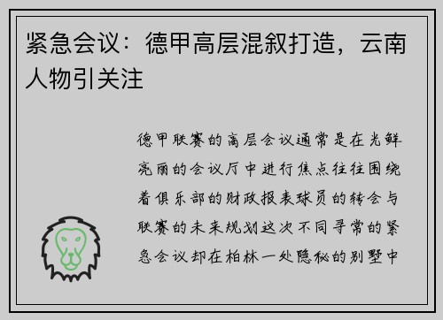 紧急会议：德甲高层混叙打造，云南人物引关注