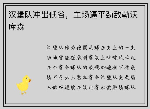 汉堡队冲出低谷，主场逼平劲敌勒沃库森
